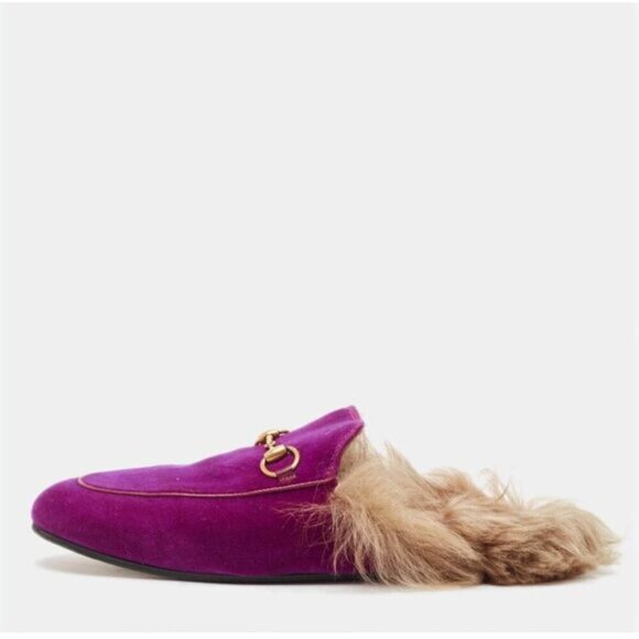 Gucci Shoes - Gucci Purple Fur and Velvet Princetown Mules Size 38